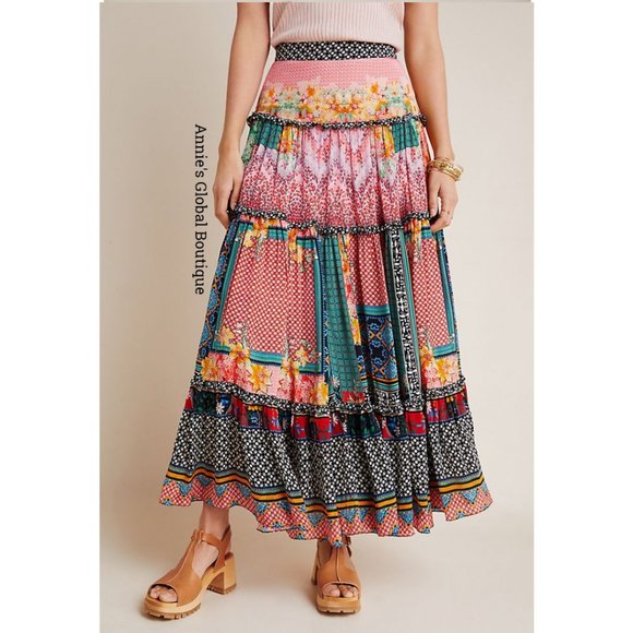 RARE NWT ANTHROPOLOGIE Bhanuni by Jyoti Celina Tiered Maxi Skirt. Size 0 - Picture 3 of 14